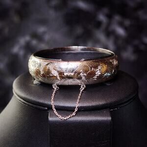 Vintage Thailand Sterling Silver Engraved Hinged Bangle Bracelet 23.2g Size 7